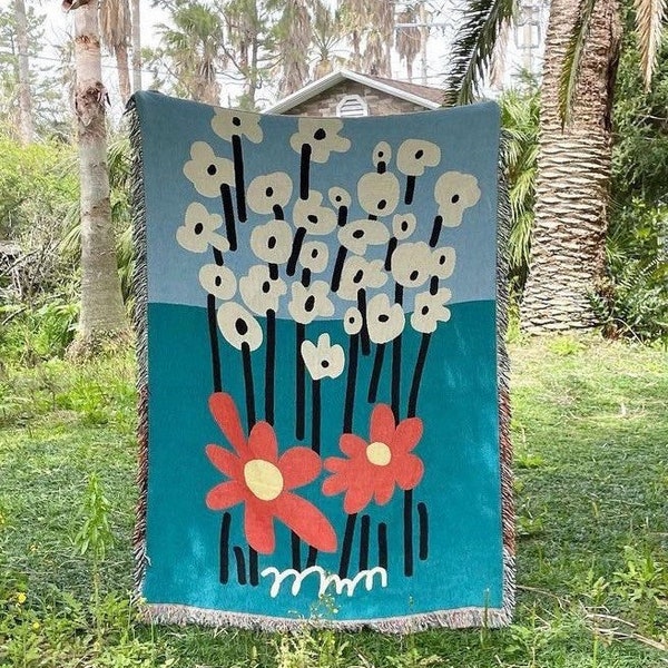 Couverture tissée illustration fleurs rouges et blanches style abstrait, Plaid coton avec motif végétal fleuri, Matisse, Jeté de canapé