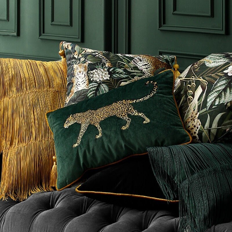 Housse de Coussin Déco avec Léopard Doré en Broderie, Taie d'oreiller Velours, Animaux Canapé, Liter