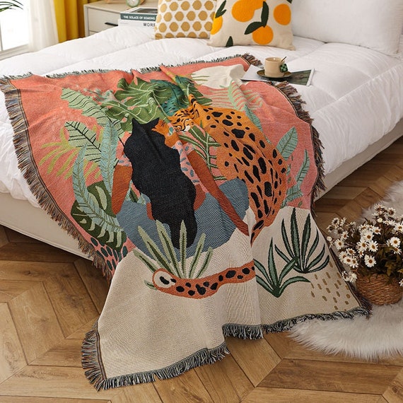 Hand-woven Blanket With Fringes. Woman and Leopard. Original Bedspread.  Plaid. Sofa Throw. Picnic Tablecloth. Wall Tapestry. Decoration 