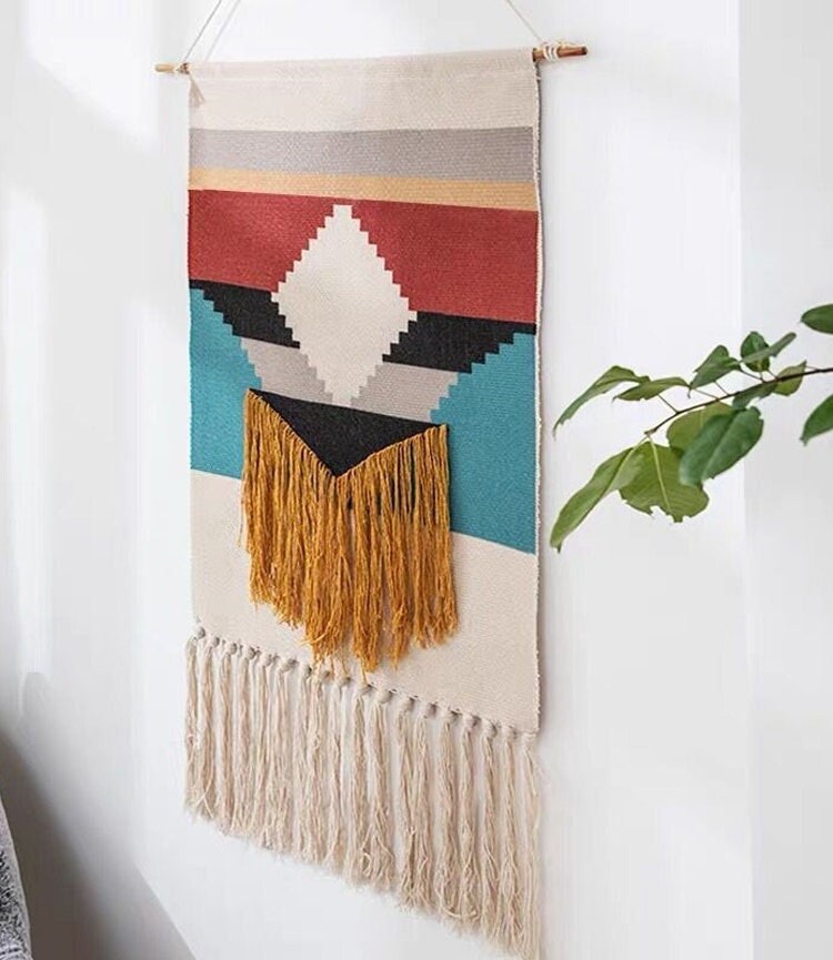 Tapisserie Murale Suspendue Boho Ethnique. Déco Moderne Graphique Abstrait Coloré Formes Géométrique