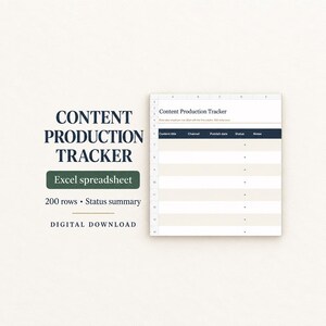 May include: A digital Content Production Tracker Excel spreadsheet template. The text reads CONTENT PRODUCTION TRACKER, Excel spreadsheet, 200 rows • Status summary, and DIGITAL DOWNLOAD. A table shows columns for Content title, Channel, Publish date, Status, and Notes.