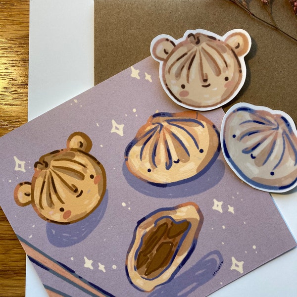Bao Bun stickers and print  - Dim Sum Stickers- Cute Bao Bun Art - Food Art - Chinese Cuisine - Bear Food - 5x5 inch print - matte stickers