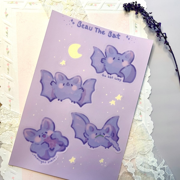 Beau the Bat Sticker Sheet - Cute Bat Stickers - Kawaii Purple Bat - Bat Art - Halloween Bat Stickers - Brygoat