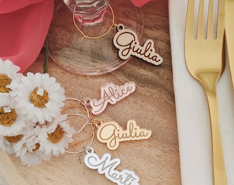 Glass marker with name in mirrored plexiglass or wood, personalized place card for weddings, baptisms, anniversaries, graduations