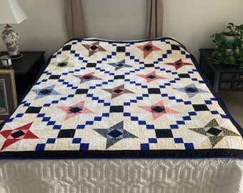 Handmade Star Throw Quilt: Floral Patchwork, Large 61” x 71”
