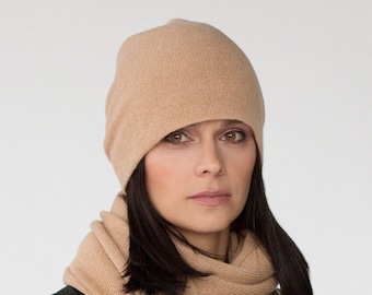 Pure Cashmere Hat for Woman - Winter Slouchy Beany Hat in Camel Color