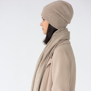 Cashmere Beanie Hat and Shawlin in Beige - Soft Warm Winter Knit Wrap Hat for Woman