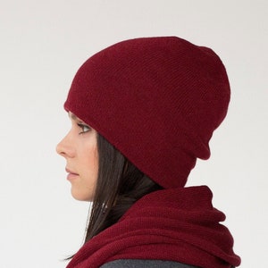 Knitted Beanie Hat from Cashmere Warm Winter Hat for Woman in Burgundy Burgundy