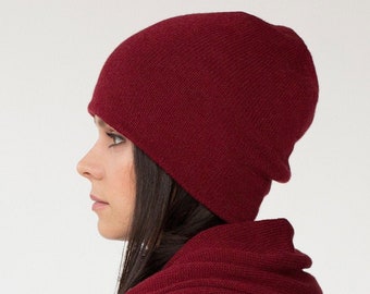 Knitted Beanie Hat from Cashmere - Warm Winter Hat for Woman in Burgundy