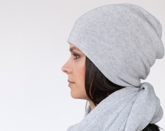 Ladies Winter Hat in Light Grey - Cashmere Slouchy Beanie