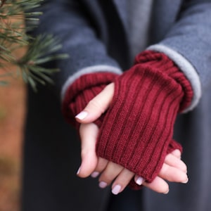 Knit cashmere arm gloves in burgundy color Half winter hand warmers for women Knit driving fingerless from cashmere wool Christmas gift image 1