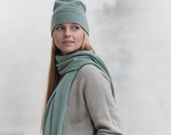 Knit cashmere beanie hat & scarf for women, Unisex two piece, Sage green lightweight winter scarf, Warm best Christmas gift, Grey beanie hat