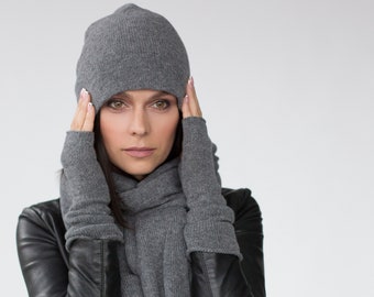 Cashmere Shawl, Beanie & Fingerless Gloves Set - Knitted Winter Accessories in Dark Grey for Woman