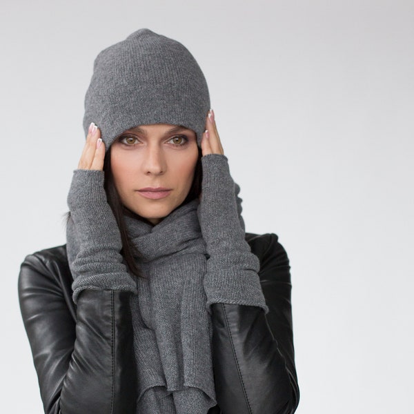Cashmere Shawl, Beanie & Fingerless Gloves Set - Knitted Winter Accessories in Dark Grey for Woman