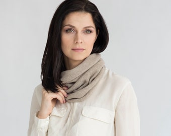 Cashmere neck warmer in beige color - Knit snood scarf from cashmere wool for women or men