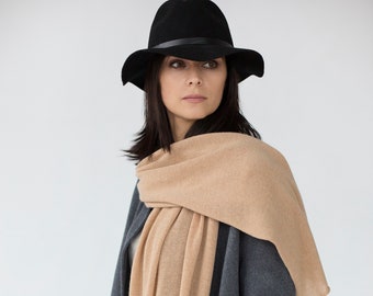 Pure Cashmere Shawl in Camel - Hand Knitted Women's Shawl Wrap