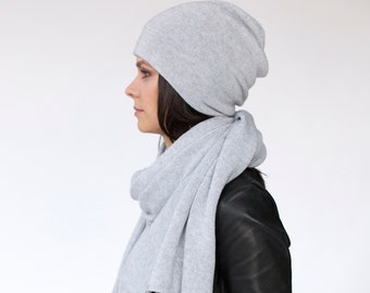 Light Grey Knitted Winter set for Woman - Stylish Cashmere Combo of Long Shawl, Beanie Hat and Fingerless Gloves