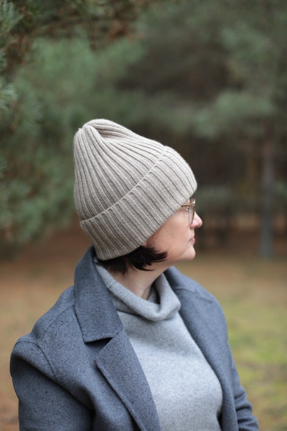 Beige Unisex Winter Cashmere Beanie Hat - Knit Ribbed Winter Hat for Man - Cashmere Beanie for Sports Women - Christmas Gifts for Her