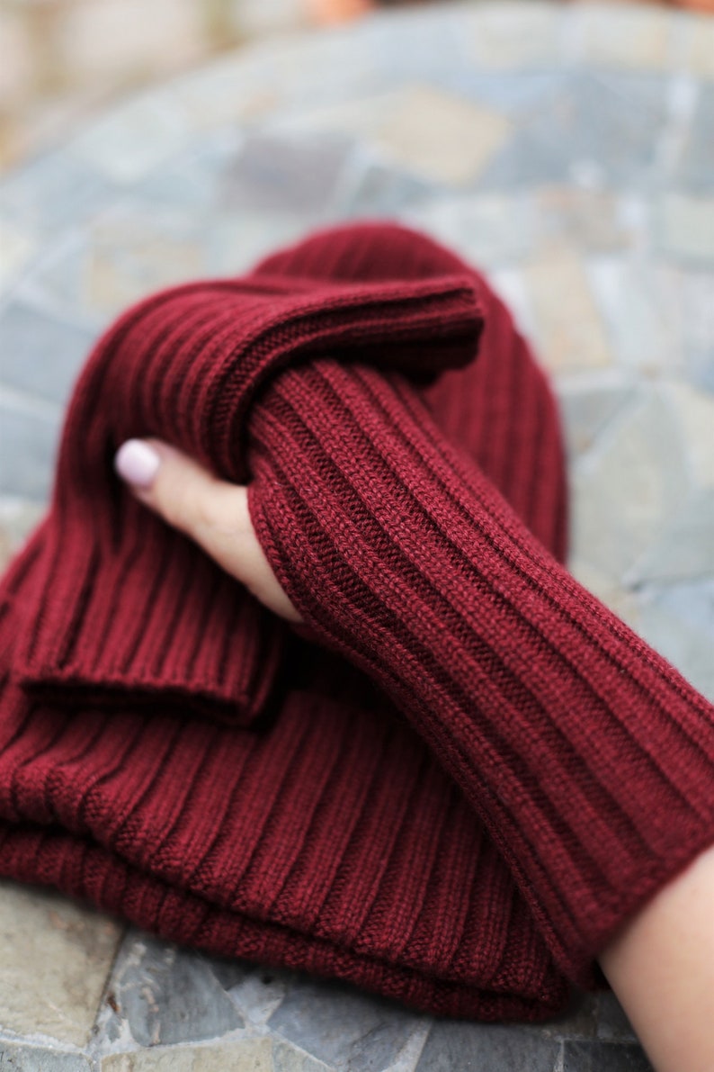 Knit cashmere arm gloves in burgundy color Half winter hand warmers for women Knit driving fingerless from cashmere wool Christmas gift image 4