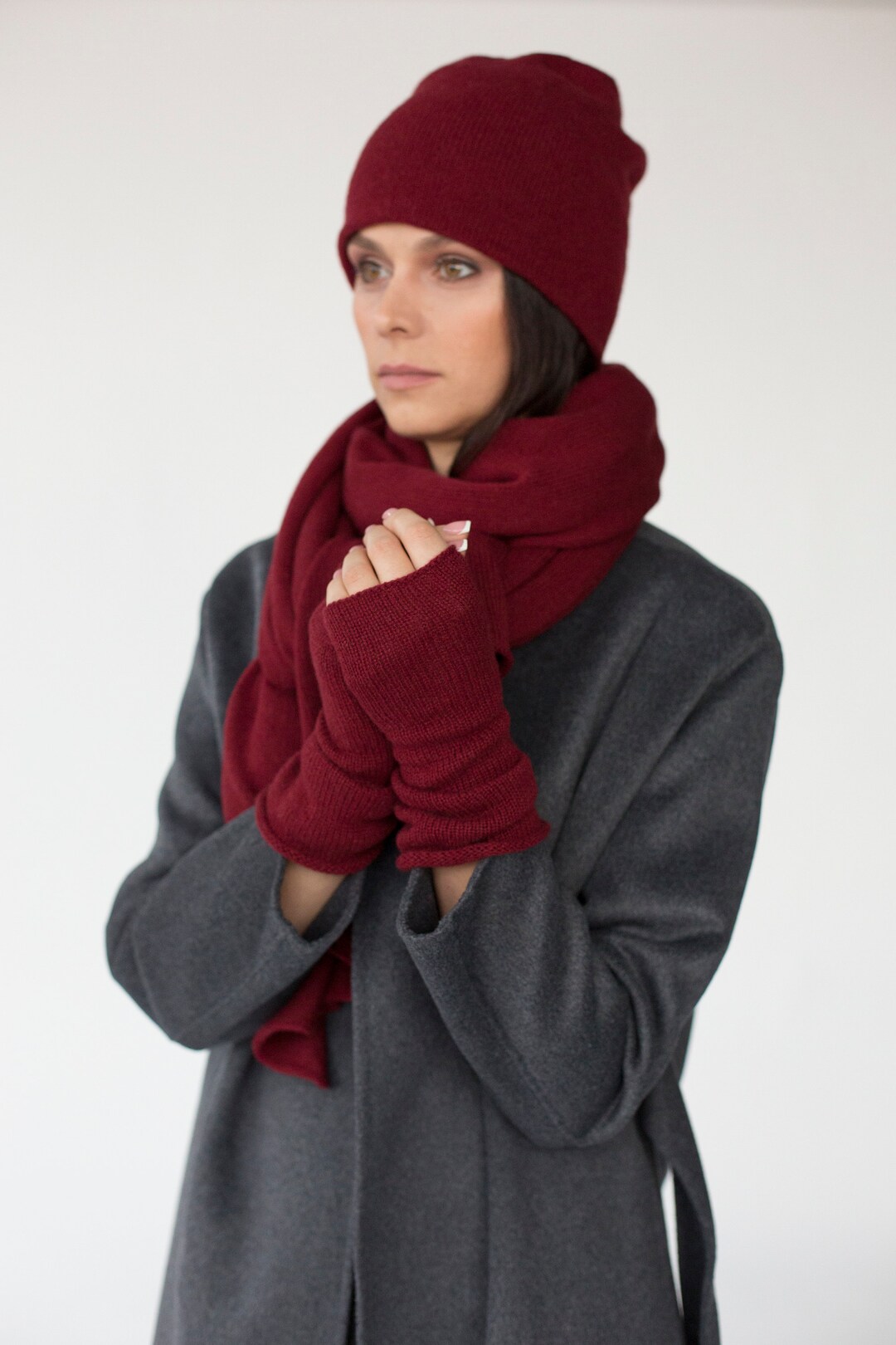 Burgundy Cashmere Fingerless Gloves for Woman Stylish Arm Etsy