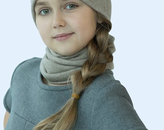 Cashmere hat and scarf set in beige - Double cashmere knit beanie with infinity scarf for baby