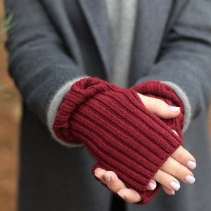 Knit cashmere arm gloves in burgundy color Half winter hand warmers for women Knit driving fingerless from cashmere wool Christmas gift image 2