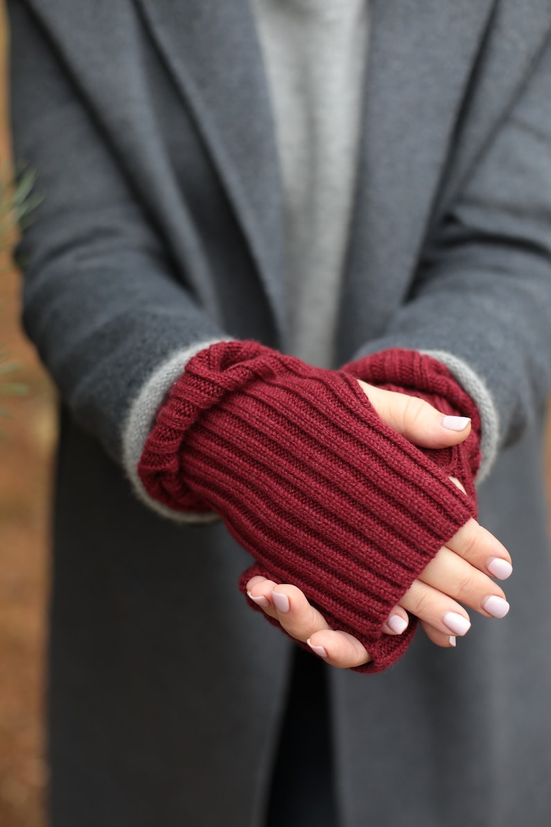 Knit cashmere arm gloves in burgundy color Half winter hand warmers for women Knit driving fingerless from cashmere wool Christmas gift image 2