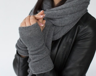 Knit Arm Warmers - Grey Cashmere Fingerless Gloves