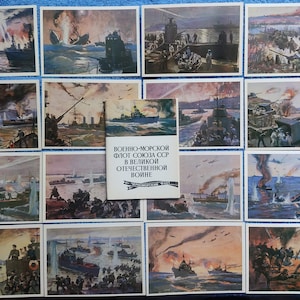 Conjunto completo 16 cartões postais soviéticos da URSS Ucrânia Marinha navio de guerra na Grande Guerra Patriótica Segunda Guerra Mundial Militar batalhas navais aeronaves bombardeiros fuzileiros navais Tanques navio