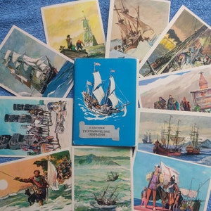 SELTENES Set 17 Sowjetische Vintage Postkarten UdSSR Geografisch Entdeckungen. Reisende und Entdecker Illustration Ozean Meeresexpedition Gemälde