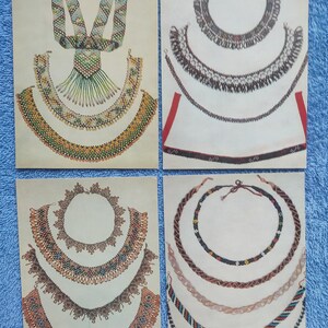 May include: Four vintage illustrations of beaded necklaces. The necklaces feature various designs, including intricate patterns and fringe. The color palette includes shades of green, yellow, blue, red, and brown. The illustrations are on a cream-colored background.