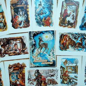 Ensemble de 15 cartes postales vintage Conte de fées russe Dessins animés Aventures Sabot d’argent. Romans populaires art imprimer folklore conte de fées hiver forêt enfants
