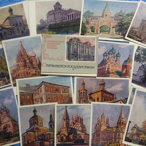 Zestaw 16 radzieckich zabytkowych pocztówek ZSRR Zabytki architektoniczne Moskwy. Malarstwo akwarelowe rysunek ilustracja Sztuka budynek architektura