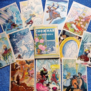 Ensemble de 11 cartes postales vintage 1958 Conte de fées La Reine des neiges. Art populaire imprimer contes aventure Peuples ethniques traditionnels drôles animaux héros