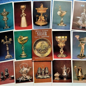 Conjunto de 16 cartões postais soviéticos vintage, prataria de mestres da Europa Ocidental, joias, ilustrações de cartões impressos colecionáveis, prato de prata artístico, copo