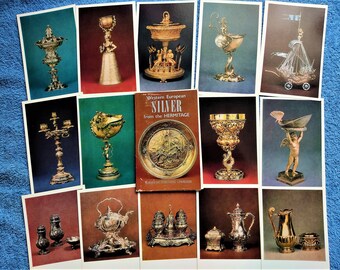 Set 16 Vintage soviet Postcards Silverwork by Western European Master jewelry Collectible print card illustrations artistic silver plate cup