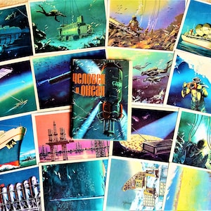 Raro conjunto de 16 postales vintage El hombre y el océano. Aventuras Submarino Soldadura satélite espacial laboratorio nave petróleo minería ilustraciones arte imprimir