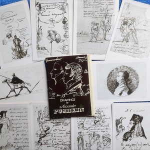 Set 16 Cartes postales soviétiques vintage Dessins d’Alexandre Pouchkine pages manuscrits art graphique poétique URSS poète Contes URSS écrivain Littérature