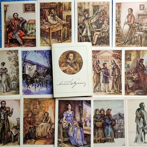 Conjunto de 31 Cartões postais soviéticos vintage Vida Alexander Pushkin. Retrato URSS poesia Poeta Escritor cultura romancista Era romântica Cartão postal não utilizado