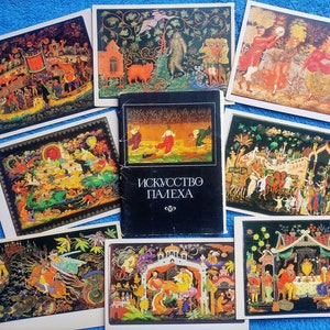 Set 15 postales vintage soviéticas Arte ruso de Palekh. Cuento de hadas ilustración popular pintura URSS Epic Print amantes regalo laca miniatura