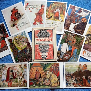 Ensemble de 11 cartes postales vintage 1957 URSS conte de fées soviétique. Art populaire imprimer contes aventure Peuples ethniques traditionnels drôles animaux héros