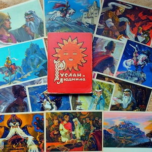 Ensemble de 32 cartes postales vintage 1966 URSS Conte de fées Rouslan et Lioudmila de Pouchkine. Aventure d’impression d’art populaire Bogatyr ethnique traditionnel