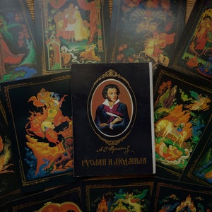 Ensemble de 24 cartes postales vintage URSS Conte de fées Rouslan et Lioudmila de Pouchkine. Art populaire imprimé folklore Conte de fées ethnique traditionnel Bogatyr