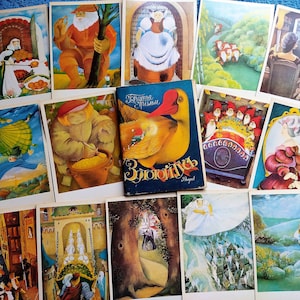 Set 16 Sowjetische Vintage Postkarten Zauberhafte Märchen der Gebrüder Grimm Die goldene Gans. Illustration Prinzessin Wichtel Snegurochka geheimnisvoll
