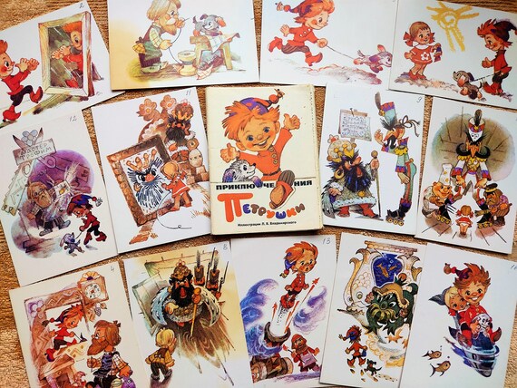 Set of 16 Vintage Postcards USSR Fairy tale Cartoons Adventures of Parsley Petrushka Folk novels art print folklore fairytale Circus kids