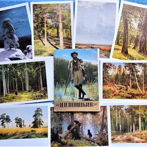 RARE Set of 12 Vintage Postcards Forest painting Landscape Ivan Shishkin. USSR Reproduction mini Print small nature Canvas wilderness Art
