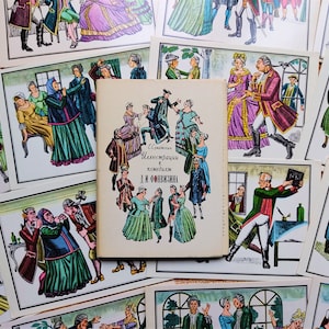 Conjunto de 16 postales vintage Traje popular URSS Vestido tradicional Ornamento étnico Patrón de adorno de la URSS Pueblos Tradicionales ilustraciones de cuentos de hadas