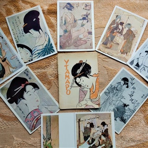 Set von 9 Sowjetischen Postkarten Japanische Kunst Kitagawa Utamaro Old Japan Dekorative Malerei Handgemacht authentische Blumen Natur Illustration Zeichnung