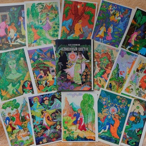 Set completo 16 RARE 1968 The Stone Flower Bazhov Tale. Cartoline sovietiche Ural folk URSS cartolina Fiabe illustrate bambini Vintage / Palekh