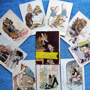 Ensemble de 9 cartes postales soviétiques vintage URSS Illustrations Rachev Dessins pour contes de fées Carte postale 1957 peinture folklorique Conte épique Impression amateurs cadeau